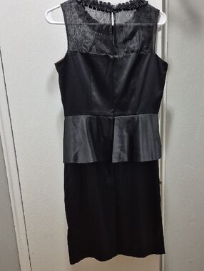 Julian Taylor Black Sleeveless Peplum Midi Dress with Rosette Collar